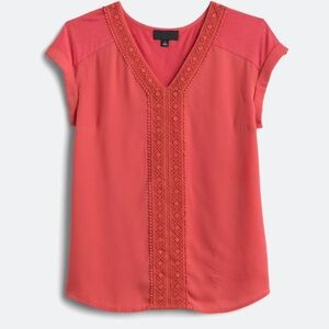 Fortune + Ivy Zora Crochet Trim Mixed Material Coral V-Neck Blouse